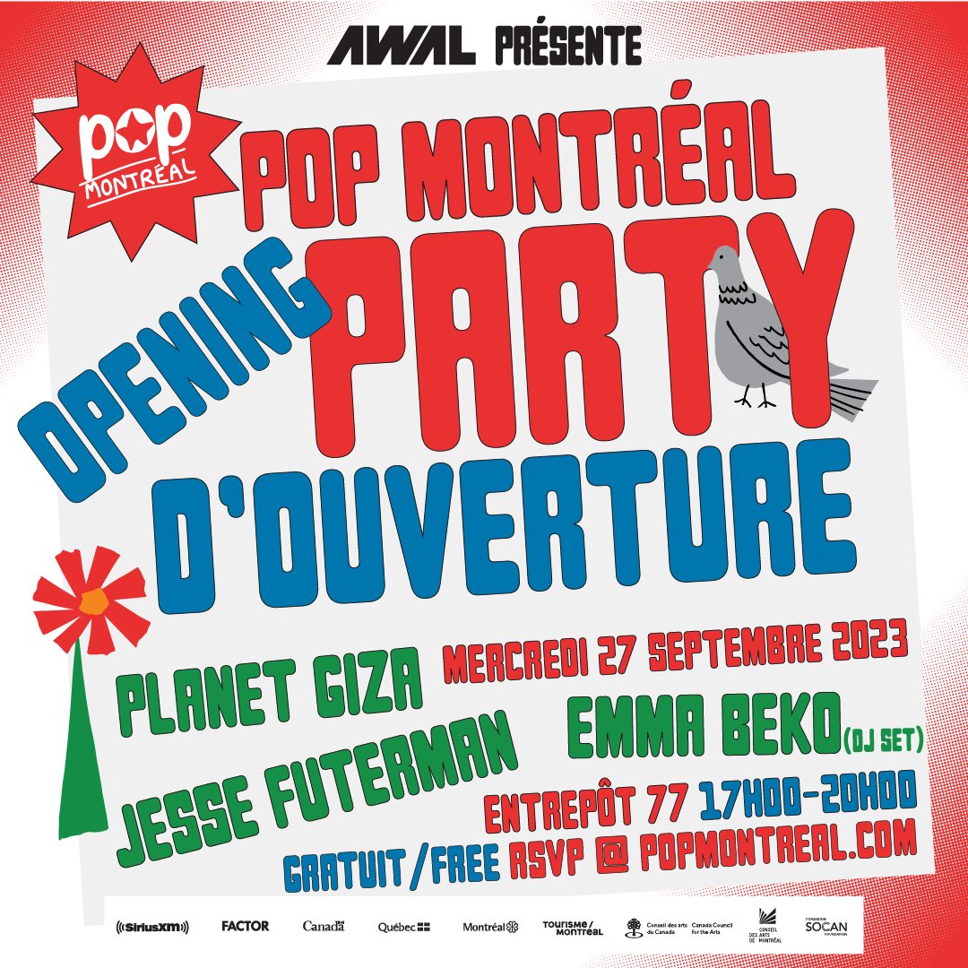 AWAL présente le party d'ouverture POP Montréal ! ⇢ 27 septembre 2023, 17h-20h, à L'Entrepot 77 | AWAL presents the POP Montréal opening party! ⇢September 27, 2023, 5pm-8pm, at L'Entrepot 77 | GRATUIT | FREE