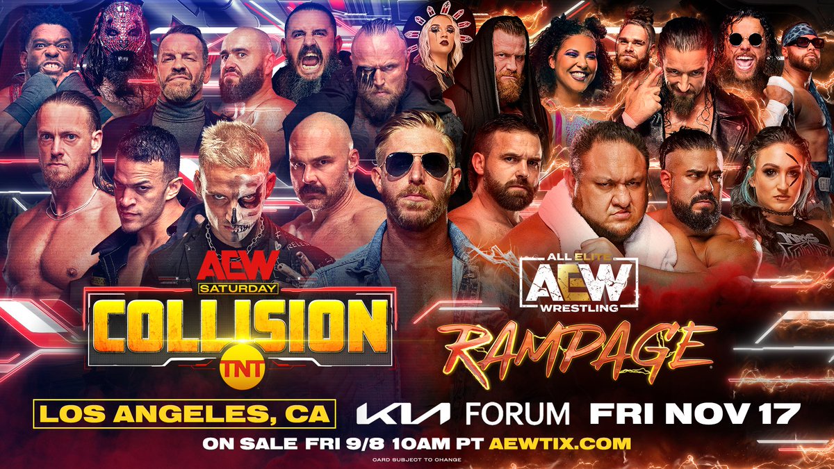 AEW's tweet photo. #AEW returns to @thekiaforum on Friday, November 17th for a Special Friday Night Televised Event with #AEWCollision LIVE &amp; #AEWRampage! 

Tickets will go on sale TOMORROW, September 8th at 10am PT.

🎟️ https://t.co/UN1cNj1kQq https://t.co/D2ot3H4YUB