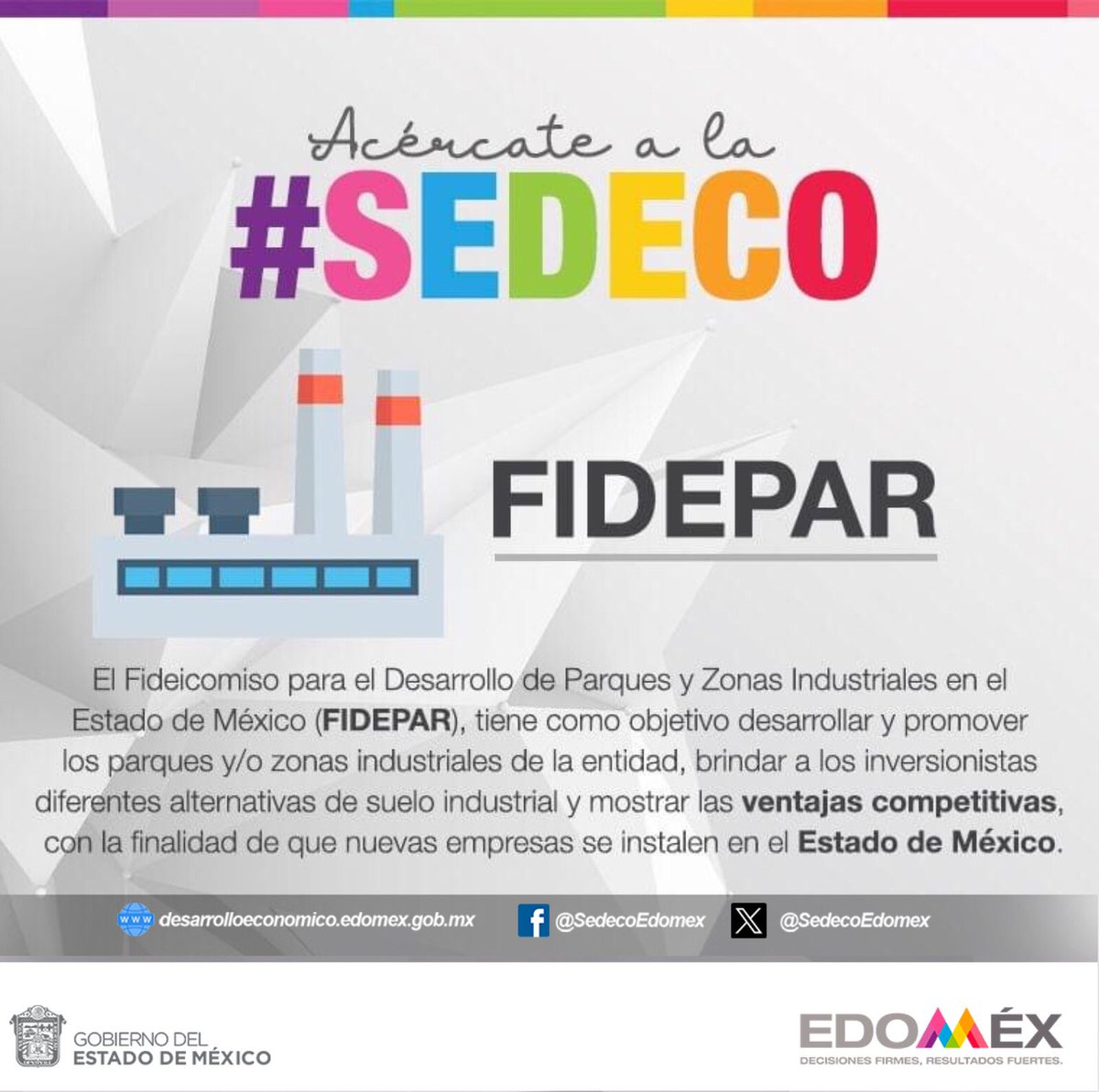 SedecoEdomex's tweet photo. ¡Acércate a la #SEDECO! 

El #FIDEPAR tiene como objetivo desarrollar y promover los parques y/o zonas industriales de nuestra entidad, con la finalidad de que nuevas empresas se instalen en territorio mexiquense.

Conoce más sobre este organismo en: https://t.co/t0J7OgKY1O https://t.co/fqUCeUO6G3
