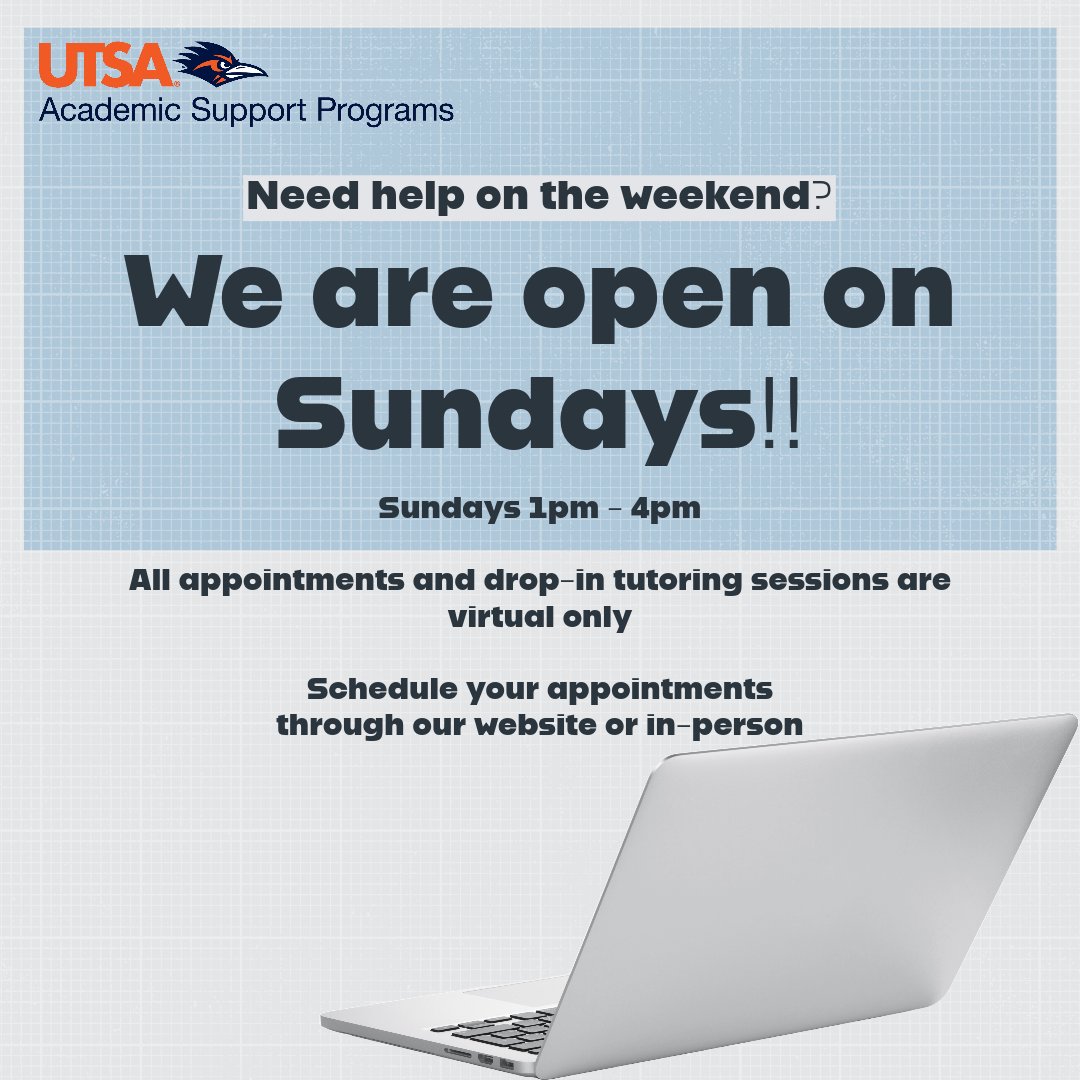 utsatutoring's tweet photo. Sunday virtual appointments are now available! 
Schedule yours today!💻
📌Check out our website for courses supported on Sundays
🔗https://t.co/UTapCn0A9o
#utsastudents #utsastudentsuccess #UTSA #UTSATutoring https://t.co/EWC0CPufNo