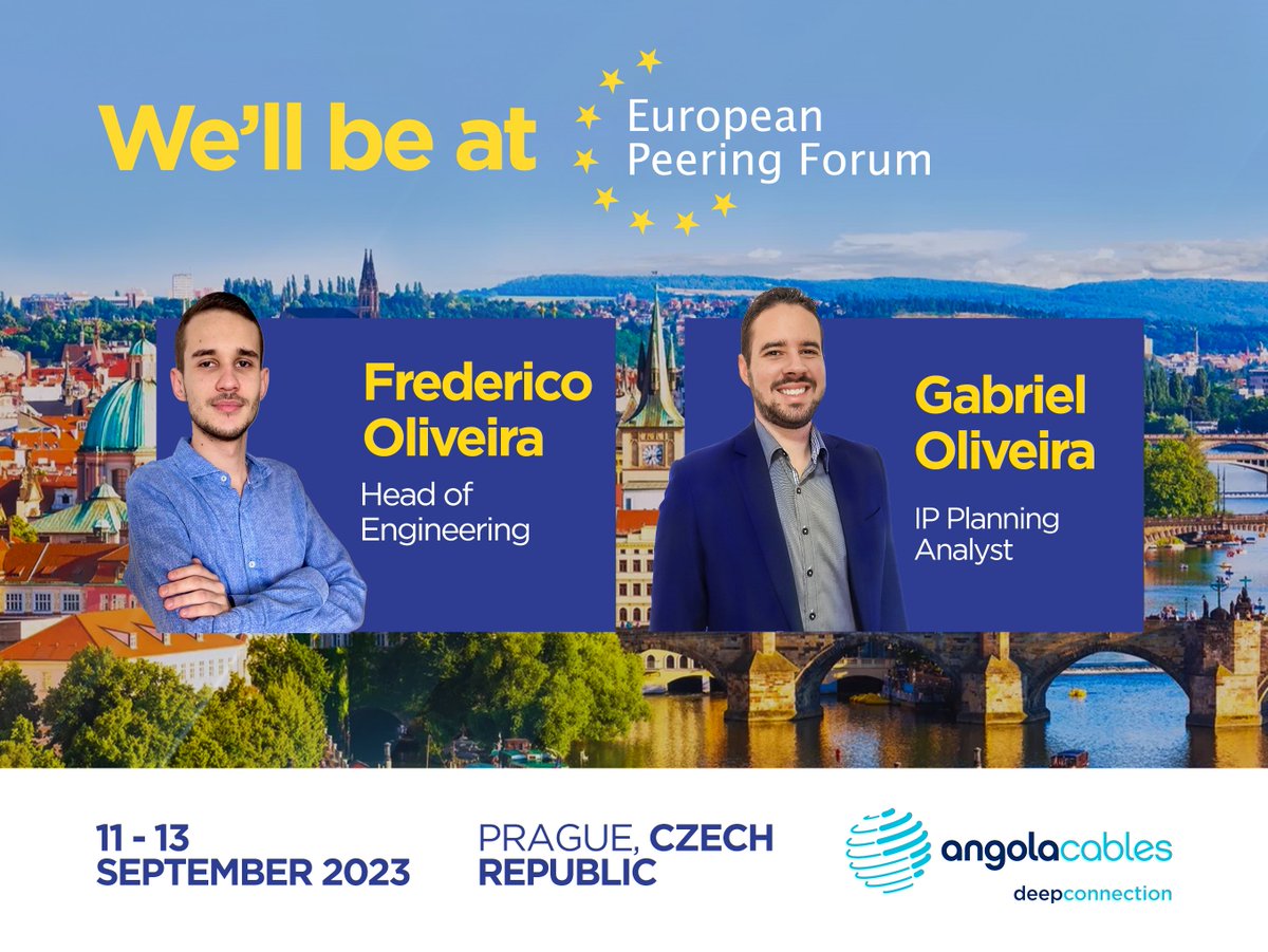 angola_cables's tweet photo. From September 11th to 13th, 2023, our Head of Engineering, Frederico Oliveira, and our IP Planning Analyst, Gabriel Oliveira, will be in Prague, Czech Republic, for the Europe Peering Forum.
#EuropePeeringForum #NetworkingExperts #ConnectivityInnovations #AngolaCables https://t.co/HcCe33FWVP