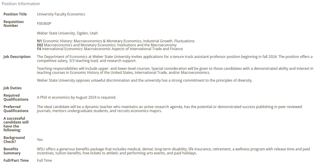 We are hiring!
The ideal candidate will do research and teach in the following fields:
- Economic History
- Macroeconomics
- and/or International Trade
Link to the job and more details: jobs.weber.edu/postings/20786

JOE posting coming soon!
