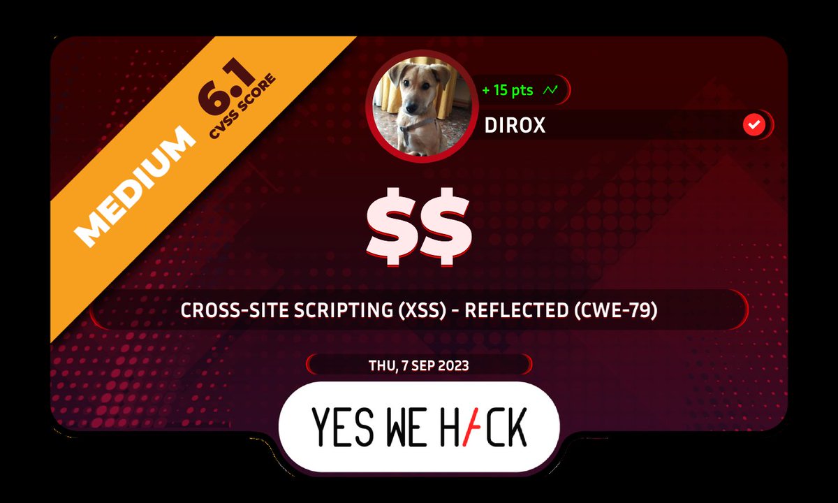 WhoIsSecure's tweet photo. Just got a reward for a vulnerability submitted on @yeswehack -- Cross-site Scripting (XSS) - Reflected (CWE-79). https://t.co/T9RY3gp1YW #YesWeRHackers https://t.co/raAegYuejP