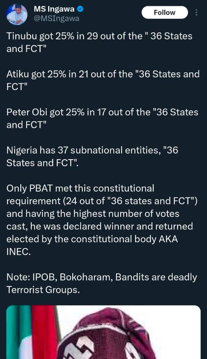 VivaDido's tweet photo. I wrote this on the 15th day of July, 2023 on a different platform.

-------------

This tweet in the attached screenshot gave me a clue to understand that section 134(2) better now.

Having 25% of votes in FCT is not compulsory. I will explain.

Nigeria has 36 states and a Federal Capital Territory.

The FCT has only six LGA and never considered as a state. It does not have the same status as a state of the Federation.

Now, let's visualize a Venn diagram or a Set in Maths.

A = the 36 states of Nigeria
B = FCT

A = {Abia, Anambra, ...., Zamfara}
B = {FCT}

A U B = {Abia, Anambra, Ebonyi, Edo, Enugu, FCT, ..., Zamfara}

A U B = A union B

Section 134(2)

The candidate must have 25% of votes in 24 states out of the 36 states of the Federation and the FCT.

If only FCT was regarded as a state, the exclusive emphasis placed on it with the conjunction "and" would not have been considered.

Having not regarded FCT as a state, the constitution can not say, "25% of votes in 24 states out of the 37 states.", so it says "25% of votes in 24 states out of all states and the FCT"

Now, we would use Set Union and then a random sampling of 24 states out of the 36 states, and FCT.

After the union, you would get a new set, I will call it C.

A U B = C
C = {Abia, Anambra, Delta, Ebonyi, Edo, Enugu, FCT, Gombe, ..., Zamfara}

There are now 37 elements inside set C.
States and the FCT make up the 37 elements.

A candidate must have 25% of votes in 24 items in set C.

So a candidate can get 25% of votes in 24 items in set C, it doesn't matter whether the 24 items include FCT or not. As long as the states he got 25% are up to 24, then he's good to go.

Whether he gets 25% in 23 states and the FCT, he is also good to go because by their union, they've become of equal status - states.

I hope you understand now?