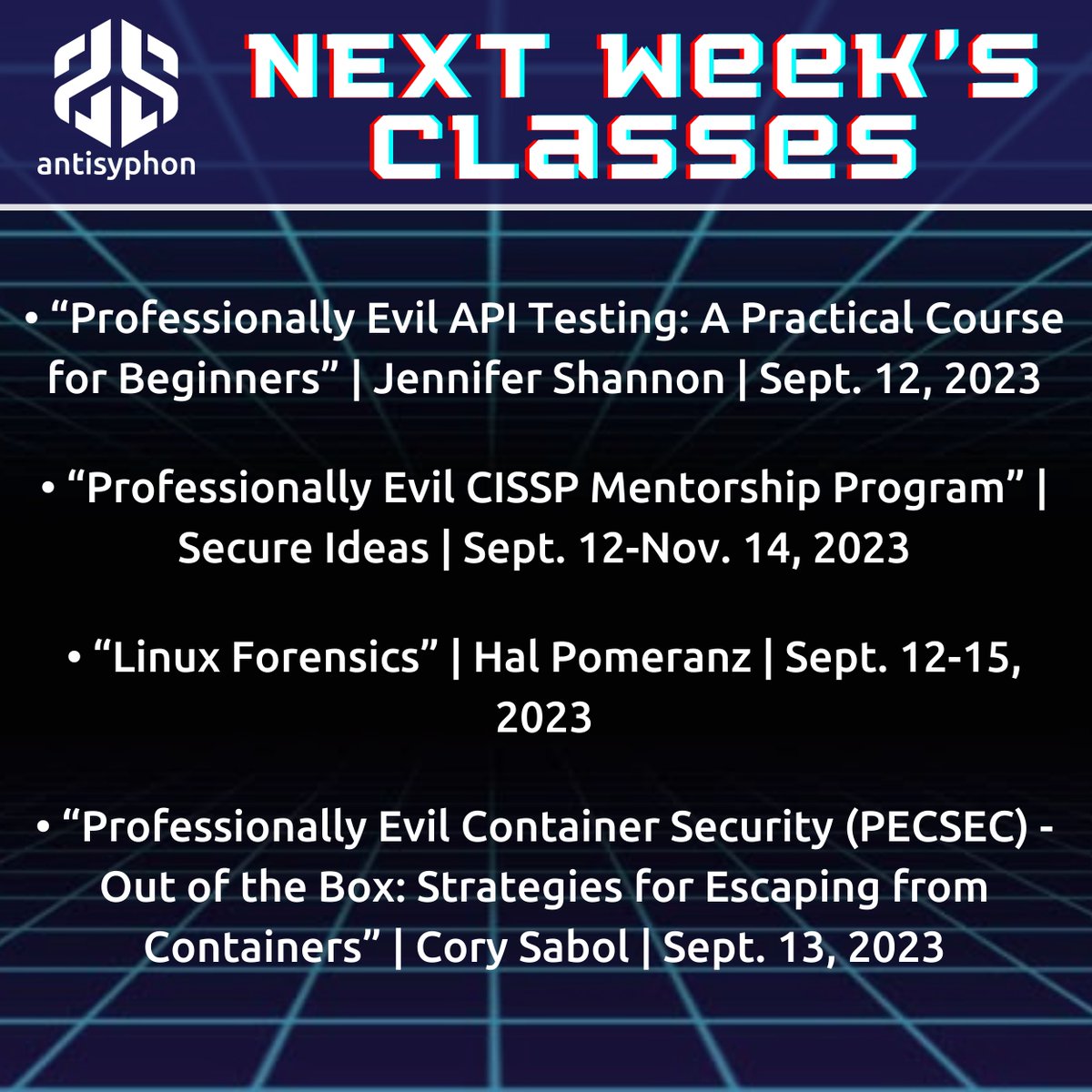 Here are next week's classes! We hope to see you there! antisyphontraining.com/training-calen…
<a href="/Jencrypti0n/">Jennifer Shannon</a>  <a href="/hal_pomeranz/">Hal Pomeranz</a>  <a href="/secureideas/">Kevin "Johnson" Tackett</a>   <a href="/84d93r/">Cory Sabol</a>