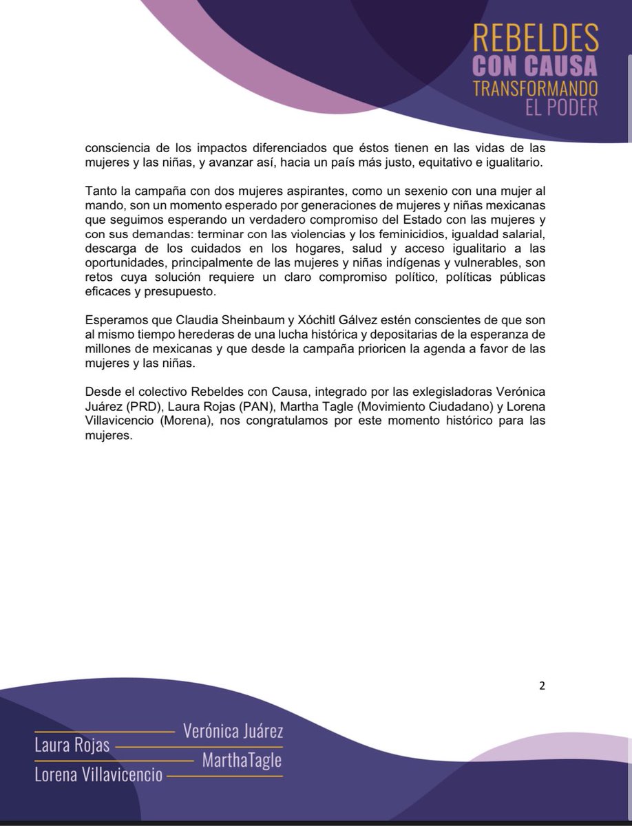 Esperamos que en la campaña prioricen la agenda de las mujeres y que los problemas del país los aborden con perspectiva de género. 

Las <a href="/RebeldesCausaMx/">Rebeldes Con Causa</a> nos congratulamos de estar tan cerca que México tenga su primera Presidenta.

#Elecciones2024 #niunamenos #IgualdadDeGénero