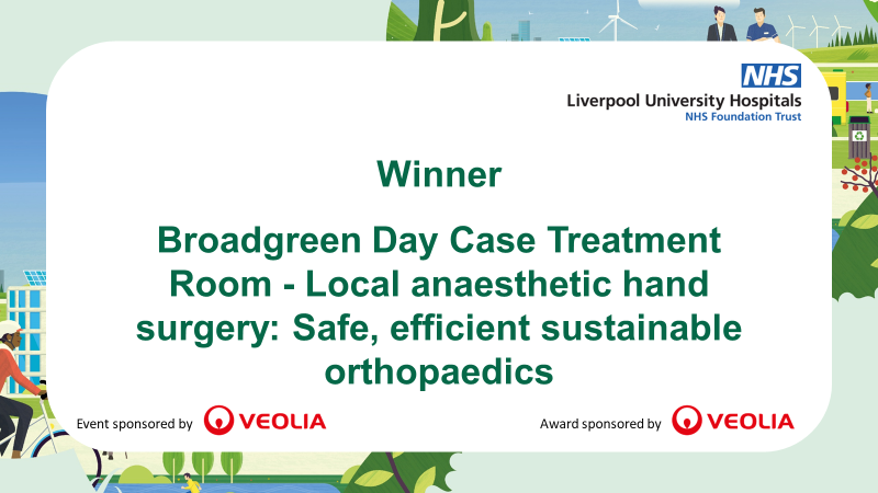 GreenerLUHFT's tweet photo. The winner of the Innovation Award is.... Broadgreen Day Case Treatment - Local anaesthetic hand surgery  This category was kindly been sponsored by
@VeoliaUK
#LUHFTSustAwards #GreenerNHS https://t.co/PRUYzIItlv