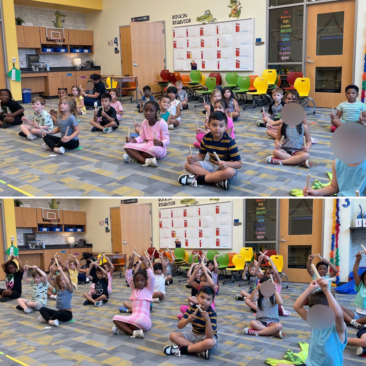 In First Grade, we’re keeping the beat with our rhythm sticks. Look at that “rest position” and fancy “playing position”. I love it! <a href="/GulphPBIS/">Gulph PBIS</a>