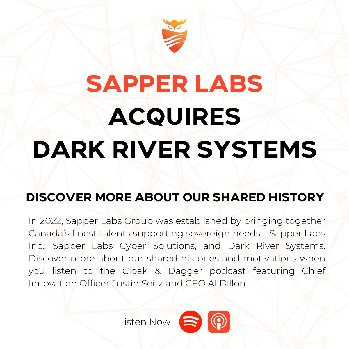 SapperLabs's tweet photo. Dark River Systems, who brought you Hunchly, &amp; Sapper Labs: Explore our shared histories and motivations with this episode of Cloak &amp; Dagger.

https://t.co/zcyXxv3QEA https://t.co/vqjQ7jHNJr