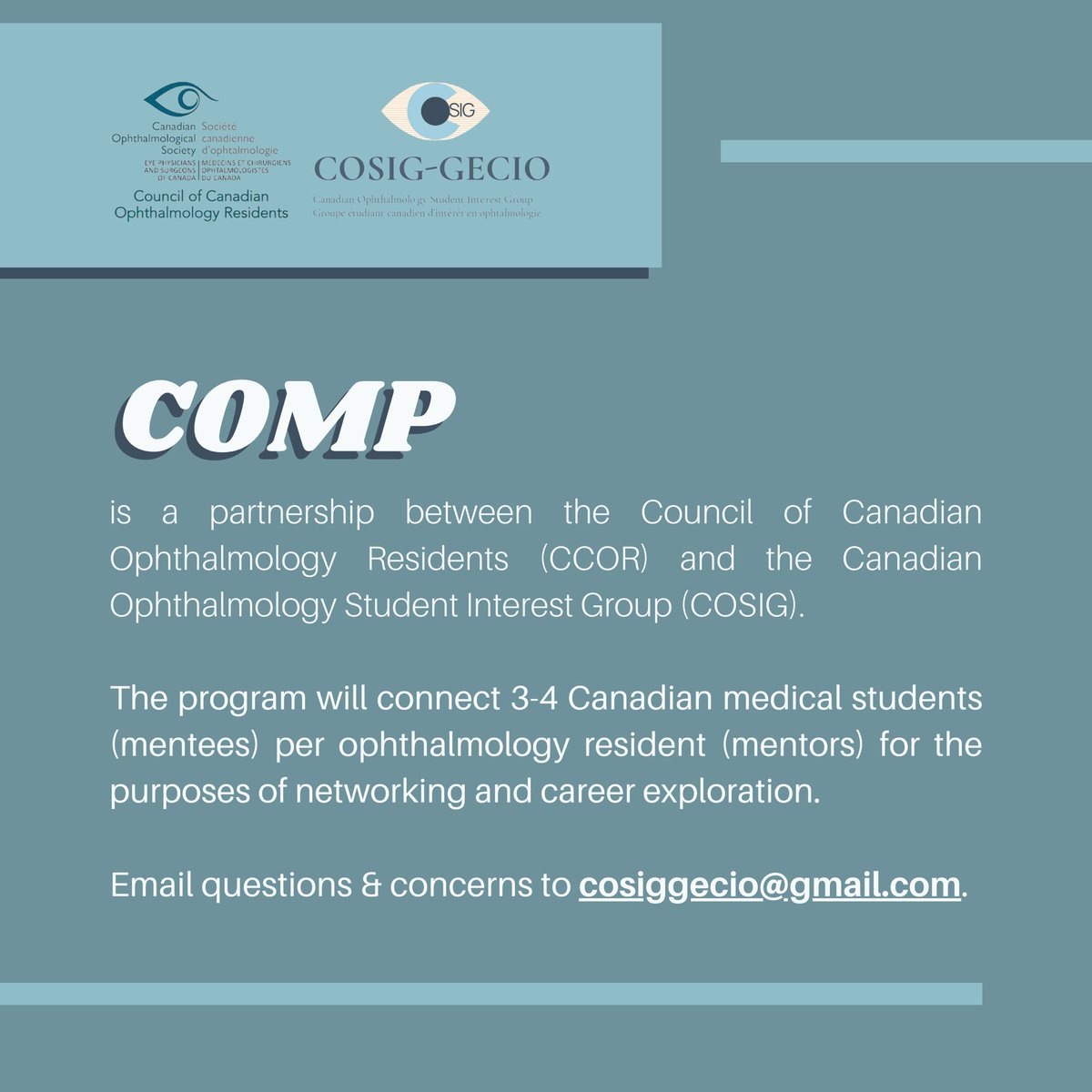 Sign-up to be a medical student mentee is open for our Canadian ophthalmology mentorship program (COMP)!

Sign-ups will close on September 22nd. 

Link to sign up: _tinyurl.com/738u8h8e. 

Feel free to contact cosiggecio@gmail.com with any questions.
