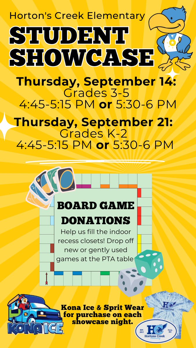 Can’t wait to see everyone next week! If you have any gently used board games please bring to your showcase night. Kona Ice will also be there for purchase. <a href="/HortonsCreekES/">Hortons Creek ES</a>