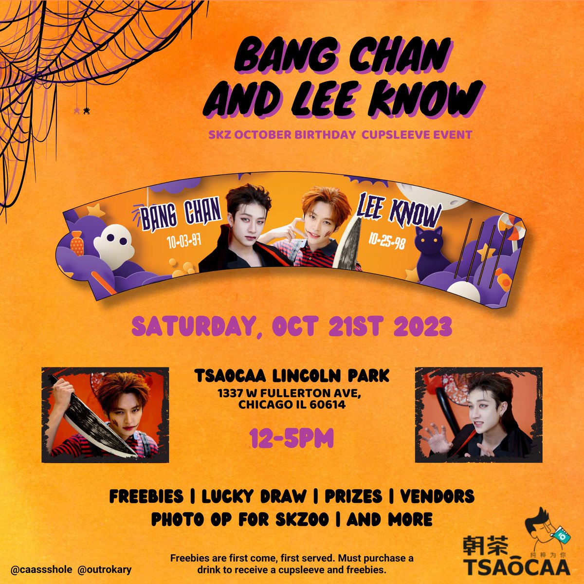leebitsbundle's tweet photo. Chicago Stay! Come get spooky with us for Bang Chan and Lee Know’s birthdays!

🗓 Saturday, October 21st
⏰ 12pm-5pm
📍 TSAoCAA Lincoln Park
1337 W Fullerton Ave

Donation tiers are open in the tweet below!

Feel free to DM @outrokary or me with any questions or vendor inquiries! https://t.co/W6r8McHDhy