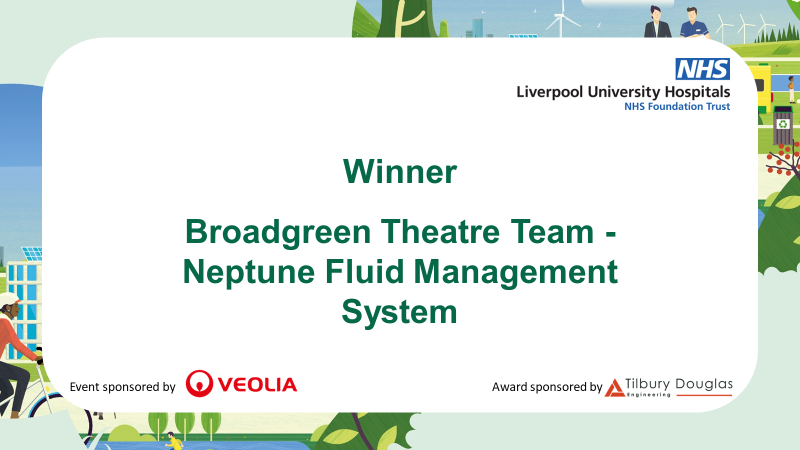 GreenerLUHFT's tweet photo. Our final award is for Waste and Plastic Reduction.  The award goes to Broadgreen Theatre Team - Neptune Fluid Management System.  This category was kindly been sponsored by
@Tilbury_douglas
#LUHFTSustAwards #GreenerNHS https://t.co/Y2GNiMbDCA