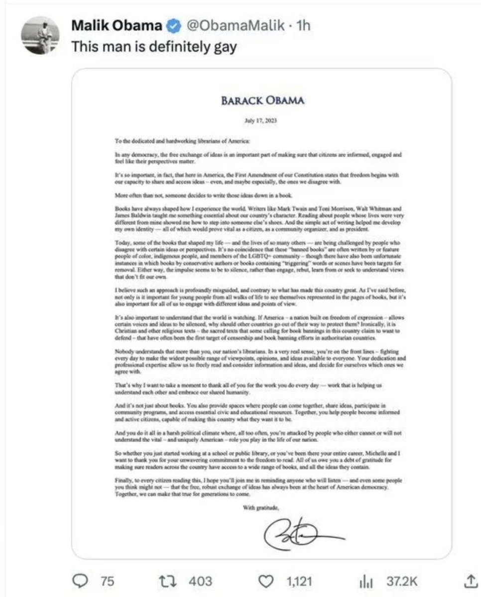 MagLiber3's tweet photo. Hâte d'être le 19 même si Malik a déjà donné des infos

1/ DOUBLE EXPOSITION 💣💣
#MalikObama a déclaré que son frère #BarackObama est "définitivement gay" en réponse à la déclaration de l'ex président sur l'interdiction des livres pornographiques pour enfants.
Puis a retiré son tweet 😉🎥🍿

Obama [clone 😉🎥] declarant "Aujourd'hui, certains des livres qui ont façonné ma vie - et la vie de tant d'autres - sont remis en question par des personnes qui ne sont pas d'accord avec certaines idées ou perspectives. Et les bibliothécaires sont en première ligne, luttant chaque jour pour rendre le plus large éventail possible de points de vue, d'opinions et d'idées accessible à tous. a déclaré Barack Obama .

2/Le mari d'OBAMA 😉
EXPOSITION par Stew Peter 👊 👊 
#transgenre malfaisant  
MICHELE/Johnny OBAMA

Quand  le 😈 est rentrée dans nos vies insidieusement 
Quand la matrice a façonné le mal en bien, TROMPANT LES PEUPLES

Mais c'est fini
La matrice éclate 
La vérité brille de milles feux 
#transexualgate BOOM
#pédophiles BOOM
#Deepstate BOOM

#Q #NCSWIC 

@caurbeau1  @Qameleon17  @17ThankQ  @5DAliceMachine  @Bill90807930  @DonaldTrump_FR  @Anondana  @compostel1117  @DanScavino  @catloget1  @nadine_paysan  @BarneriasPierre  @BlackBondPtv  @WilliamSauton  @f_philippot  @GeneralMCNews  @guayuvin40