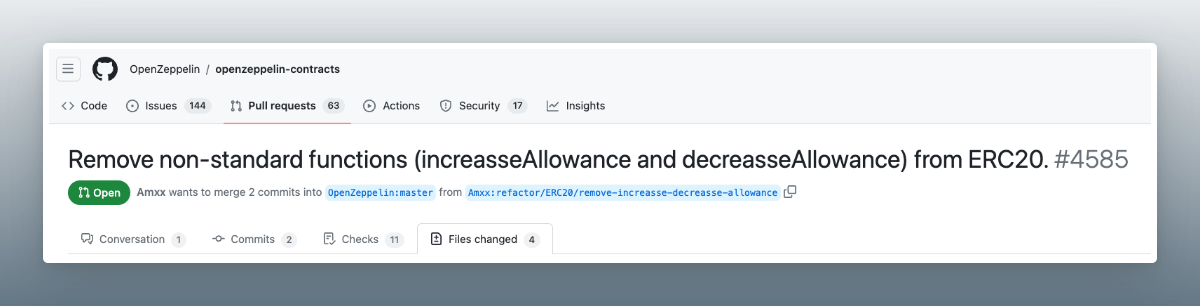 bytes032's tweet photo. In case you missed it, brace yourself for the drama:

OZ is saying goodbye to increaseAllowance/decreaseAllowance for ERC20 https://t.co/VbSe4V1ka7