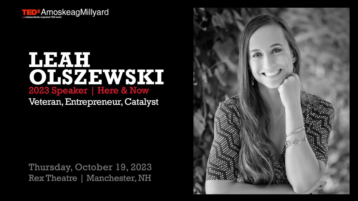 Our next 2023 TEDxAmoskeagMillyard Speaker is veteran, entrepreneur and catalyst, Leah Olszewski! 

Leah's talk will be designed to ignite conversations among participants at our October 19 event. 

Learn more: bitly.ws/Ubcw 
 #TEDx #manchesternh #ideasworthspreading
