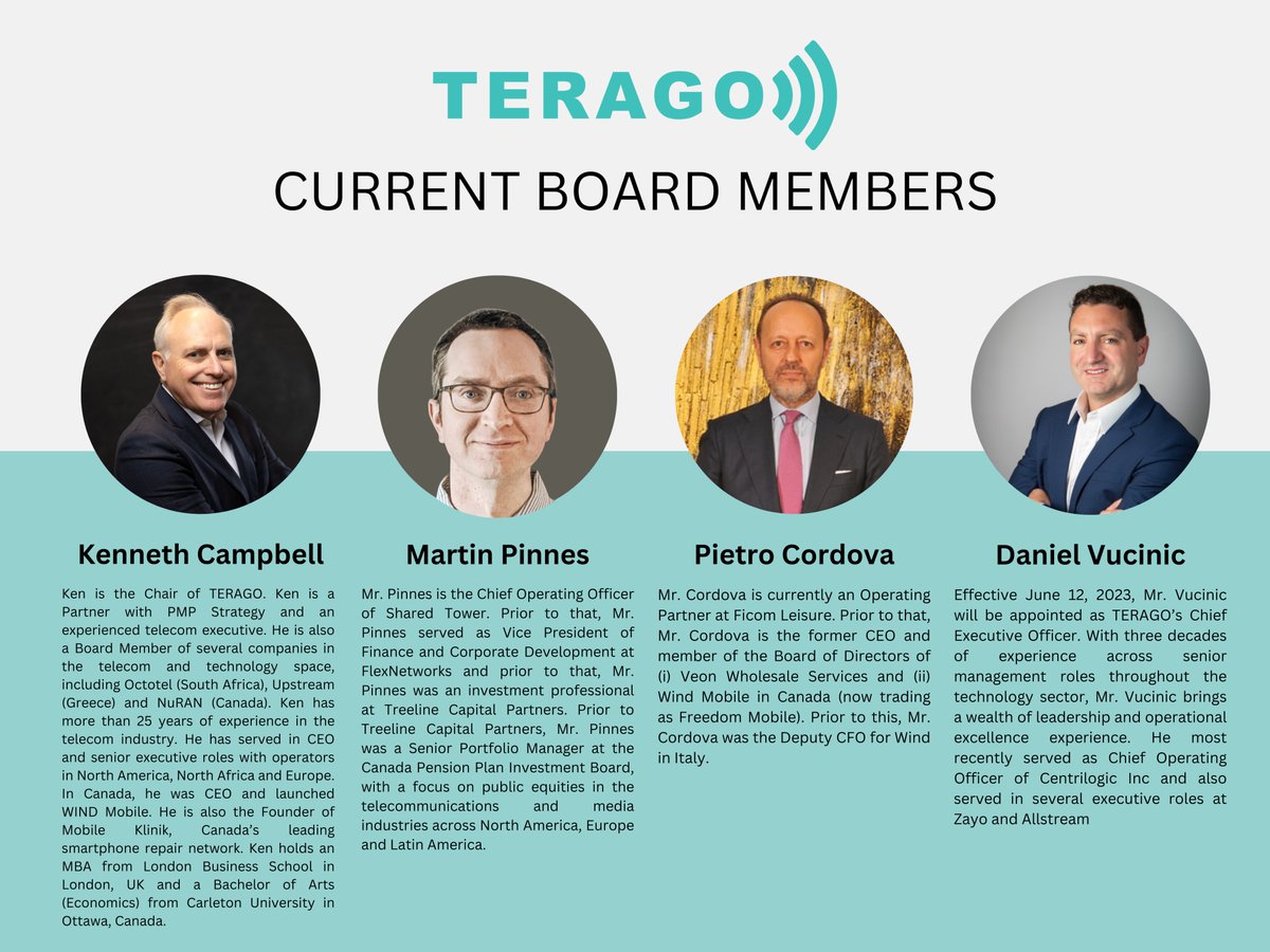 TERAGO_Networks's tweet photo. We also would like to introduce our current board members who bring invaluable insights to guide
TERAGO into the future of telecom innovation. 

https://t.co/0GxjuuEK0k

@DanielVucinic https://t.co/AbGfhKEhy3
