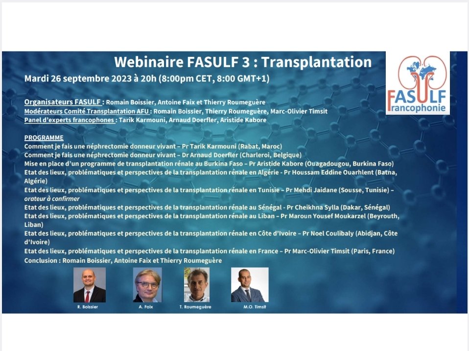 sb_uro's tweet photo. Webinar FASULF #transplantation

29 sept 20h

Lien de connection communiqué prochainement.

@ThRoumeguere @sb_uro https://t.co/1BPyLAbrTC