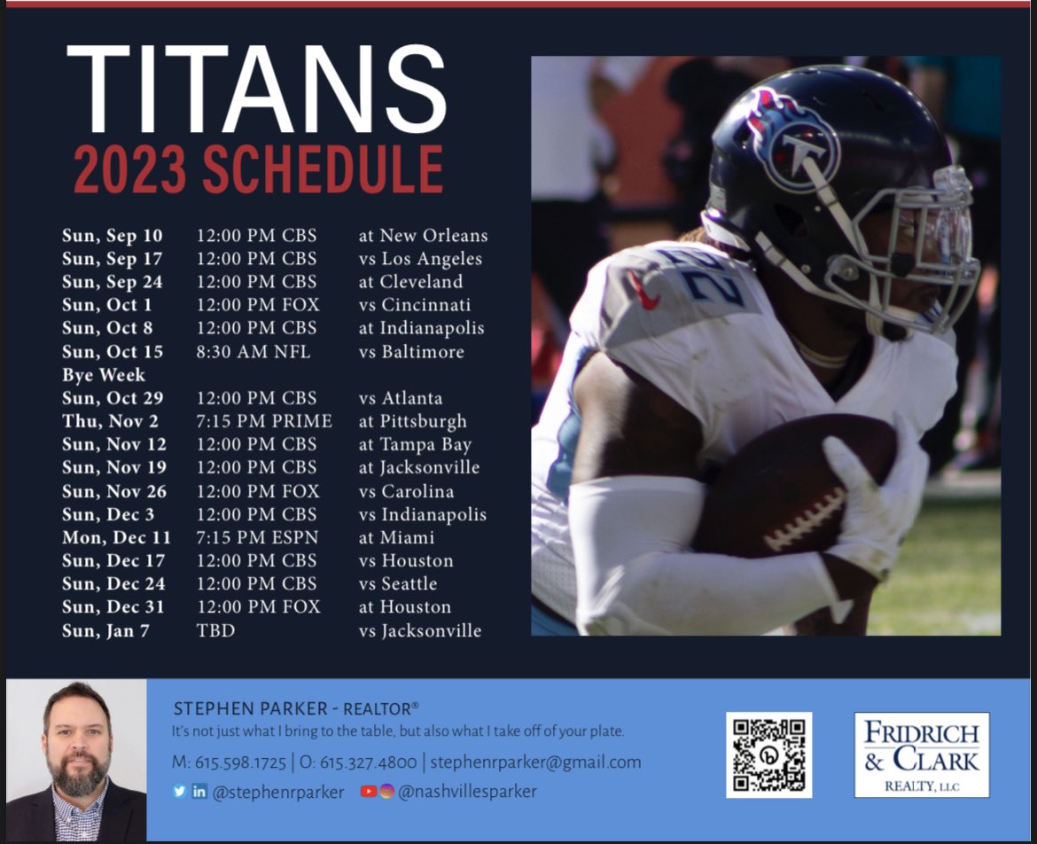 stephenrparker's tweet photo. 1/3 Did you get your #Titans schedule in the mail? 
From beer koozies and birthday scratch tickets to magazines and gift cards and client events, I like to send out year ‘round gifts and invites. If you’re not getting them, get in touch. https://t.co/nTOJt87iTt