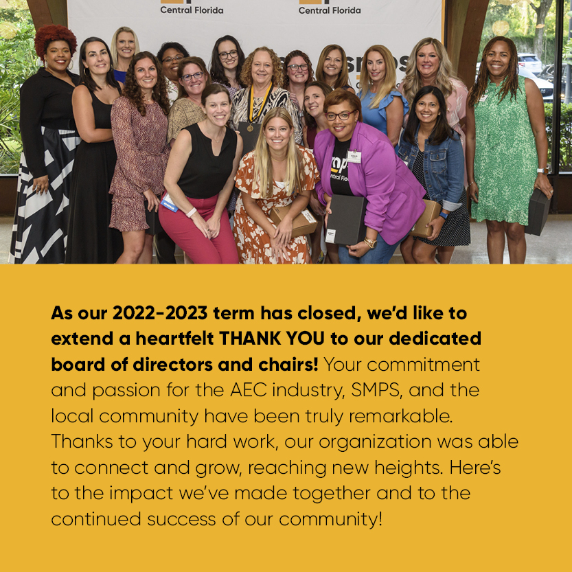 As our 2022-2023 term closes, we'd like to extend a heartfelt THANK YOU to our dedicated board of directors and chairs! Thanks to your hard work, our organization was able to connect and grow, reaching new heights!  #SMPSCF #SMPS #ThankYou #AECMarketing #LeadershipMatters