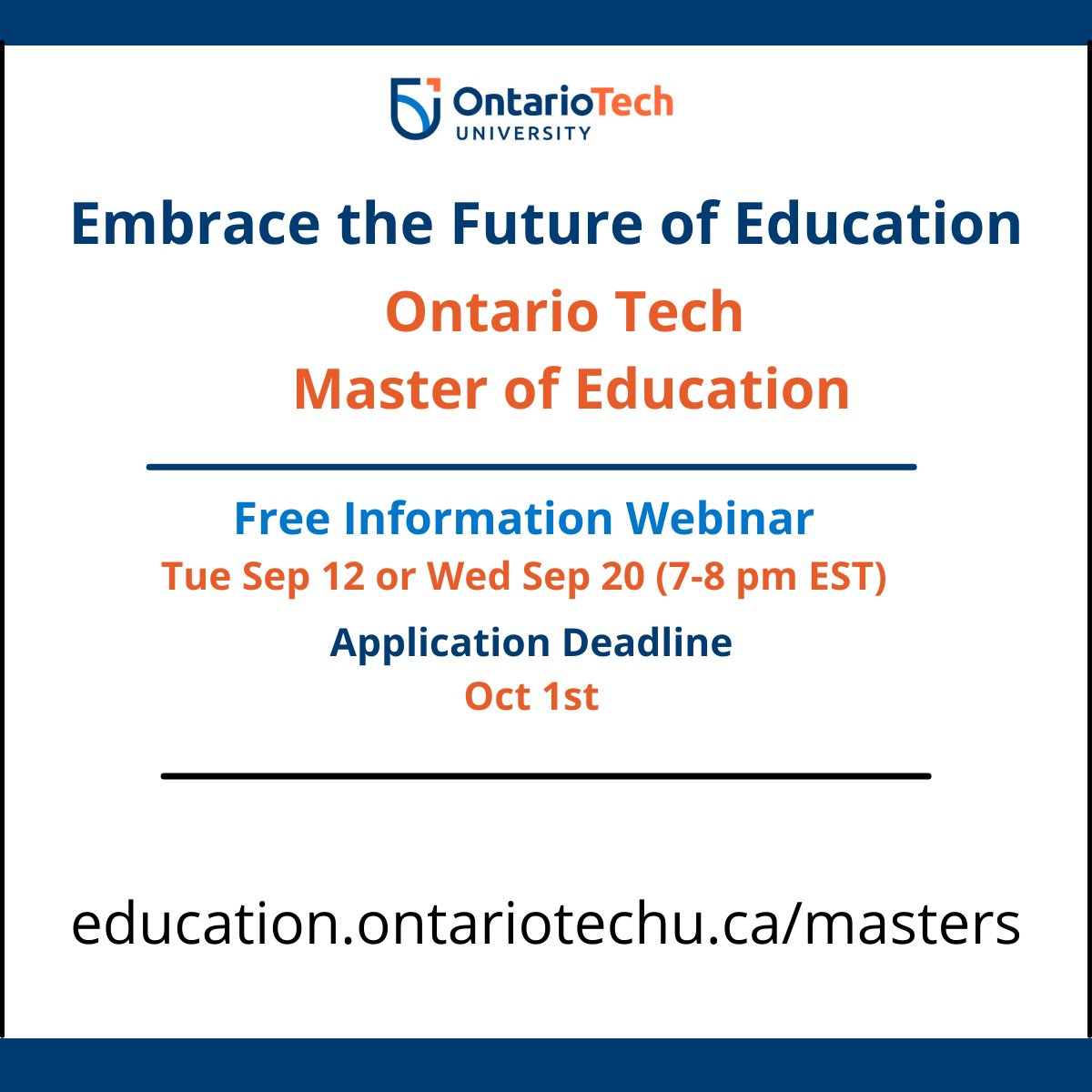 kayuoit's tweet image. Learn about one of Canada&apos;s leading online Master of Education programs with virtual classes and a 95%+ graduation rate.
Register here: lnkd.in/g9yjtqEx
Application Deadline: Oct 1st, 2023
#k12 #teacher #edtech