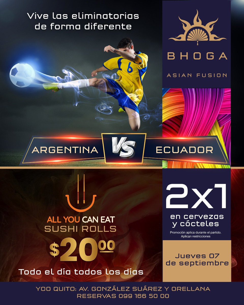 Vive el mejor After Office en Bhoga / noche de fútbol y #AllYouCanEat. Durante el partido de #Argentina 🇦🇷 vs #Ecuador 2x1 en cócteles y cervezas 🍺 

Te esperamos en Av. González Suárez y Orellana esquina Edf. YOO. Reservas
0991665000

#bhogaasianfusion #sushirolls #quito