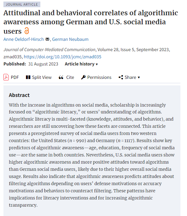 Introducing the newest #jcmc publication 'Attitudinal and behavioral correlates of algorithmic awareness among German and U.S. social media users' by @anneohirsch & @g_neubaum! Read it here: doi.org/10.1093/jcmc/z…