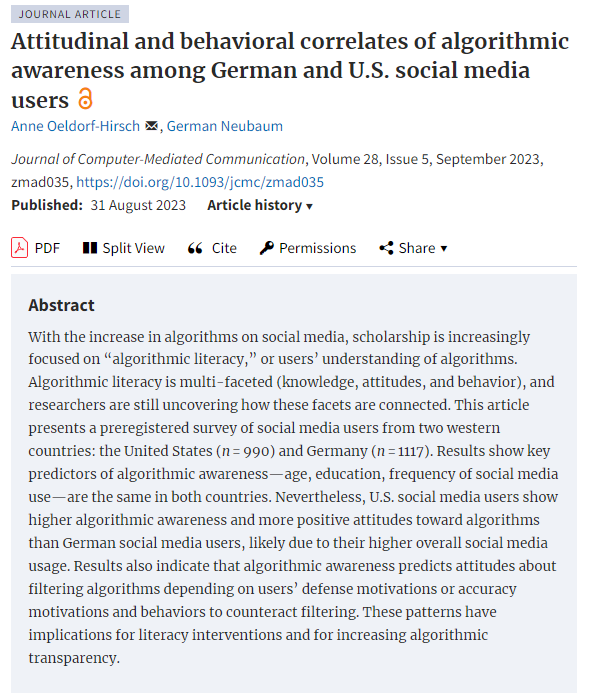 Journal of Computer-Mediated Communication (@ica_jcmc) on Twitter photo Introducing the newest #jcmc publication "Attitudinal and behavioral correlates of algorithmic awareness among German and U.S. social media users" by <a href="/anneohirsch/">Anne Oeldorf-Hirsch is not on X</a> & <a href="/g_neubaum/">German Neubaum</a>! Read it here: doi.org/10.1093/jcmc/z… Introducing the newest #jcmc publication "Attitudinal and behavioral correlates of algorithmic awareness among German and U.S. social media users" by <a href="/anneohirsch/">Anne Oeldorf-Hirsch is not on X</a> & <a href="/g_neubaum/">German Neubaum</a>! Read it here: doi.org/10.1093/jcmc/z…