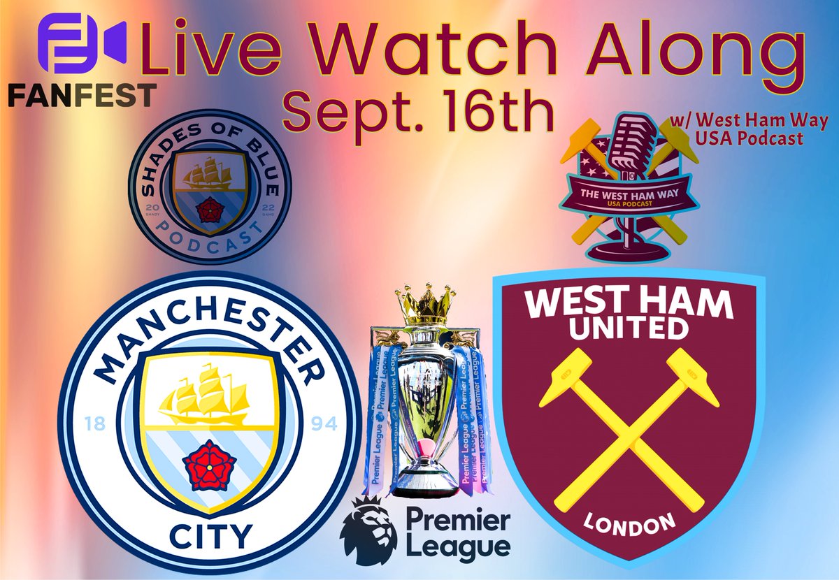 Along w/ our @fanfestlive Kickoff Show! Man City vs West Ham will be this month's Watch Along. The Men of SoB will keep you company for those watching the game at home!

Link to show: fanfest.show/mancity/?fanfe…

<a href="/WestHamWayUSPod/">West Ham Way USA Podcast</a> is our special guest joining us for the Livestream!
