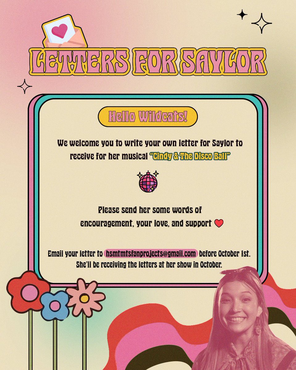 hsmtmtsprojects's tweet photo. 🪩 LETTERS FOR SAYLOR 🪩 

Saylor Bell Curda will be starring in the retro retelling of Cinderella: “CINDY &amp; THE DISCO BALL”

If you’d like to send her a letter, please see the poster below with all the details!! 💜💖💛

feel free to attach pics/fan art

#hsmtmts #saylorcurda https://t.co/3KDdwZeW8Q