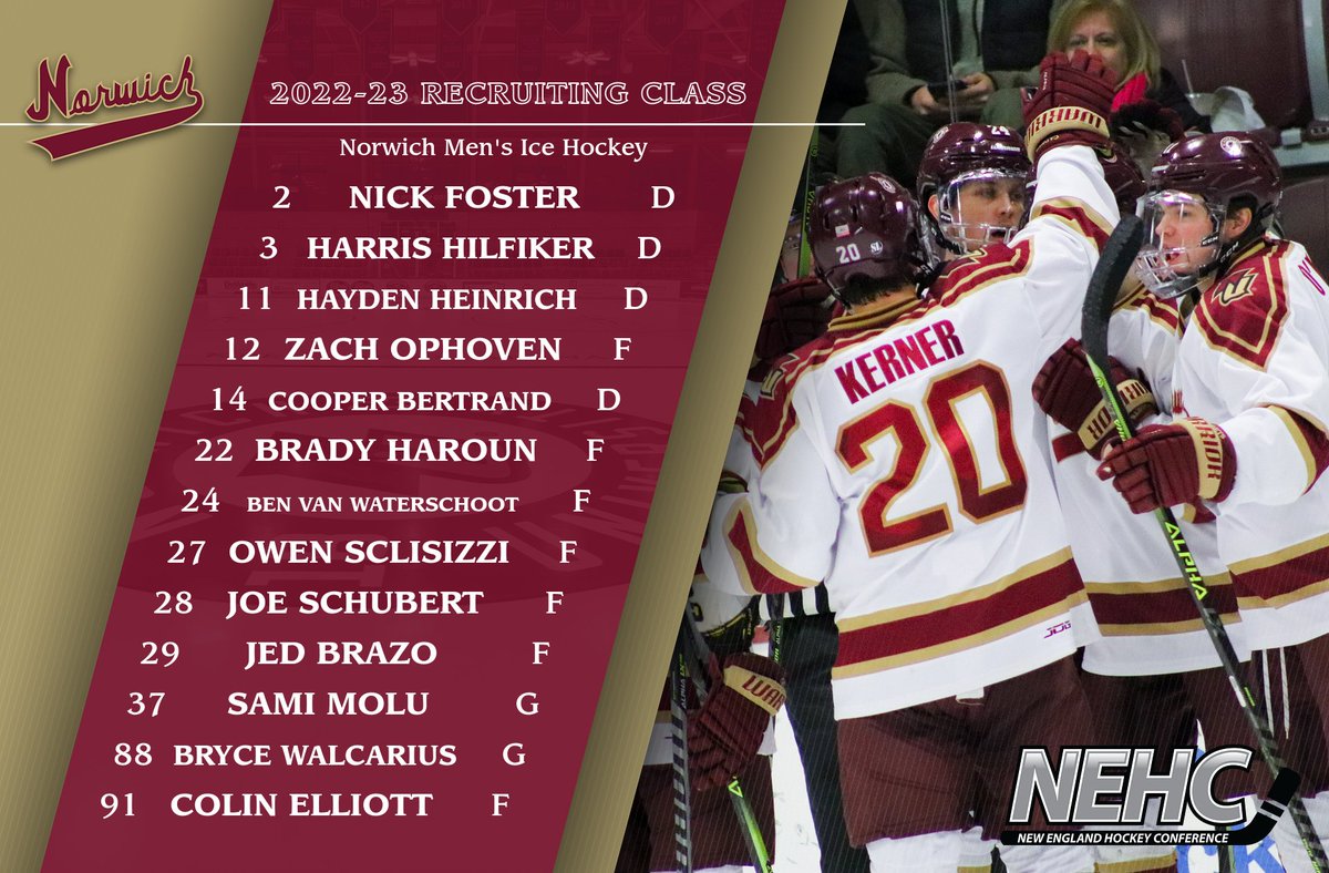 13 new recruits will join the <a href="/NorwichMHKY/">Norwich Men's Ice Hockey</a>  roster this season as the Cadets will look to make back-to-back appearances in the NCAA Tournament #RollWick 

STORY: norwichathletics.com/news/2023/9/7/…