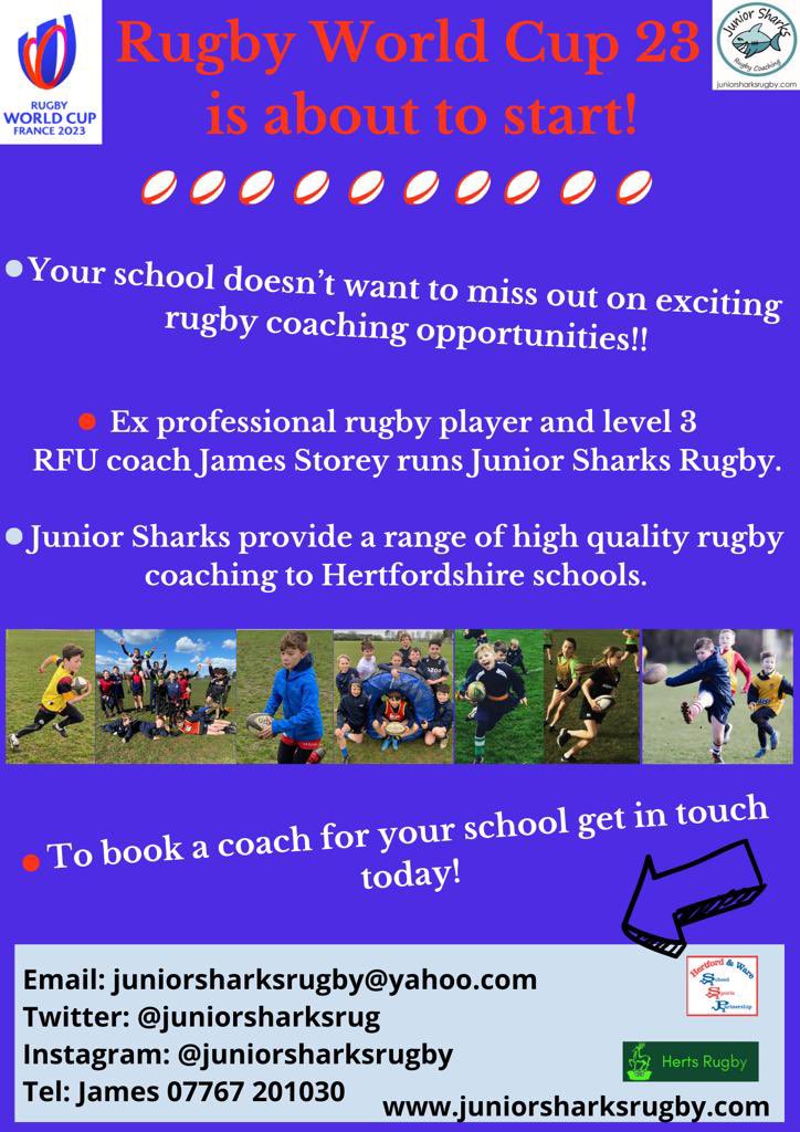 Want to get rugby into your school 🏉??? We’ll give us a call and let the Sharks team do the rest , never a better time with the Rugby World Cup about to start , let’s help find the next generation of players 🤩🏉🤩 <a href="/hertsrugby/">Herts Rugby</a> <a href="/EnglandRugby/">England Rugby</a>