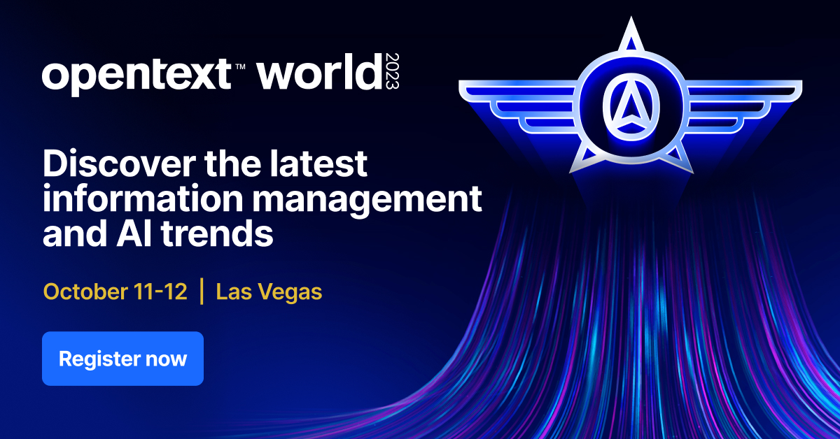 OpenText's tweet photo. NEWS: OpenText World 2023 Las Vegas Gathers Industry Luminaries to Explore the Impacts of AI and Information Management https://t.co/FqXmBQO8yQ  #AI #OpenTextWorld https://t.co/yEN25k5a14