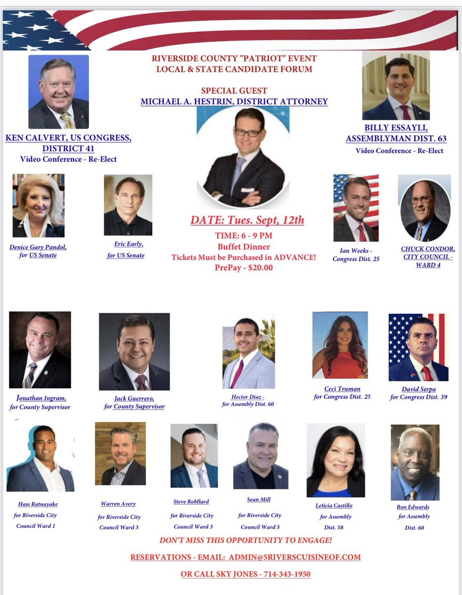 CaliforniaFRW's tweet photo. Be sure to schedule an evening this upcoming Tuesday night to attend the Riverside County Patriot Local &amp; State Candidate Forum from 6-9PM.  admin@5riverscuisineof.com for reservations or call 714-343-1950.  Tkts must be purchased in advance. https://t.co/mIeb0V3kgW