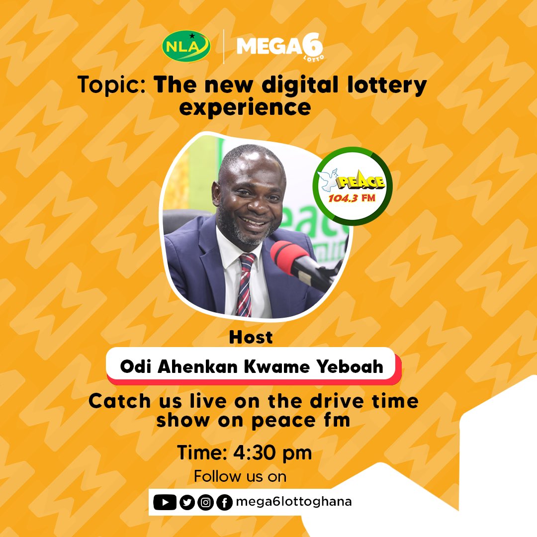 Mega6Games's tweet image. Tune in to @peacefmonline on Friday, 8th September at 4:30 p.m for an exciting discussion on gaming on the Mega6 Platform!

#Mega6 #Megalottoghana #Megawinnings
#Megaimpact #Ghana