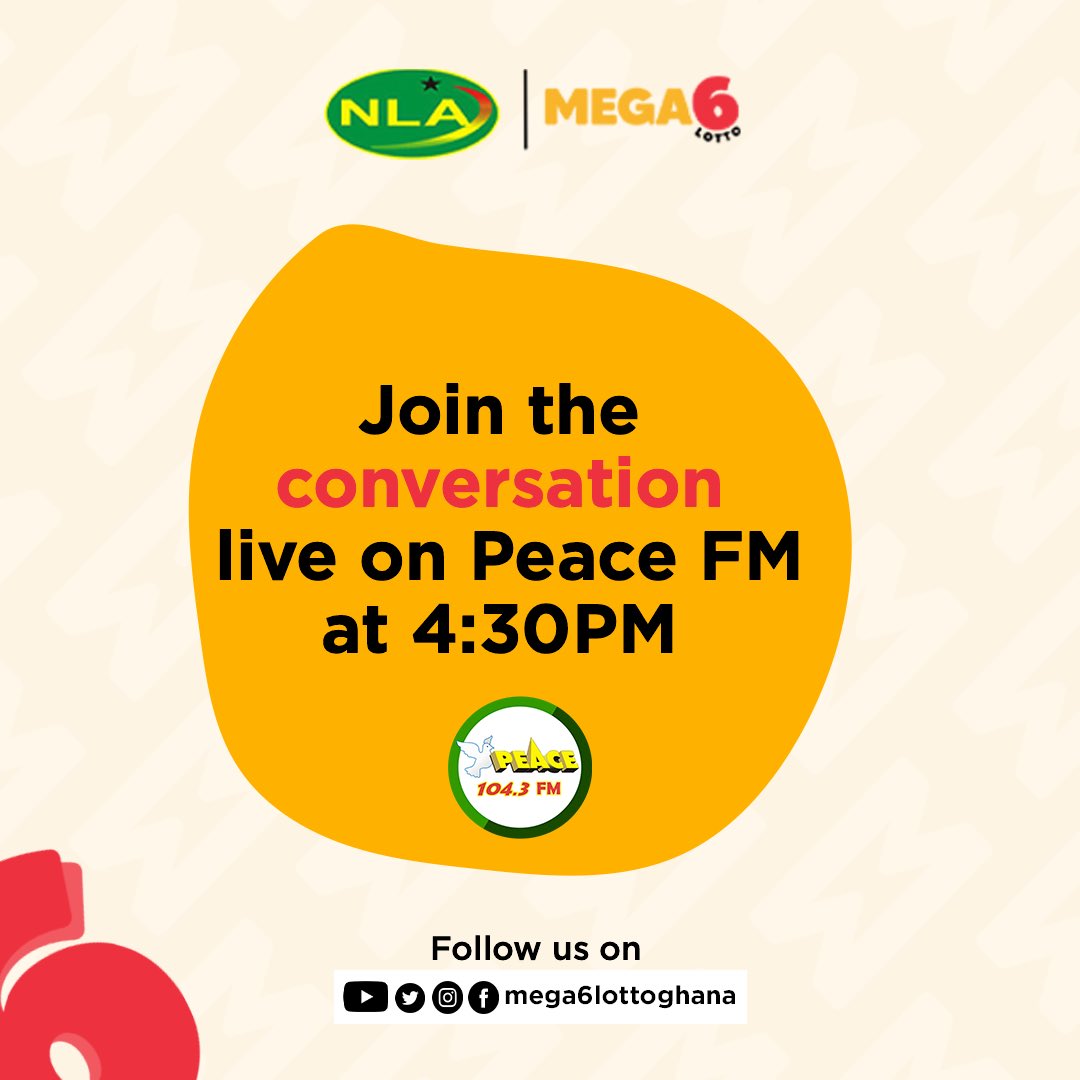 Mega6Games's tweet image. Tune in to @peacefmonline on Friday, 8th September at 4:30 p.m for an exciting discussion on gaming on the Mega6 Platform!

#Mega6 #Megalottoghana #Megawinnings
#Megaimpact #Ghana