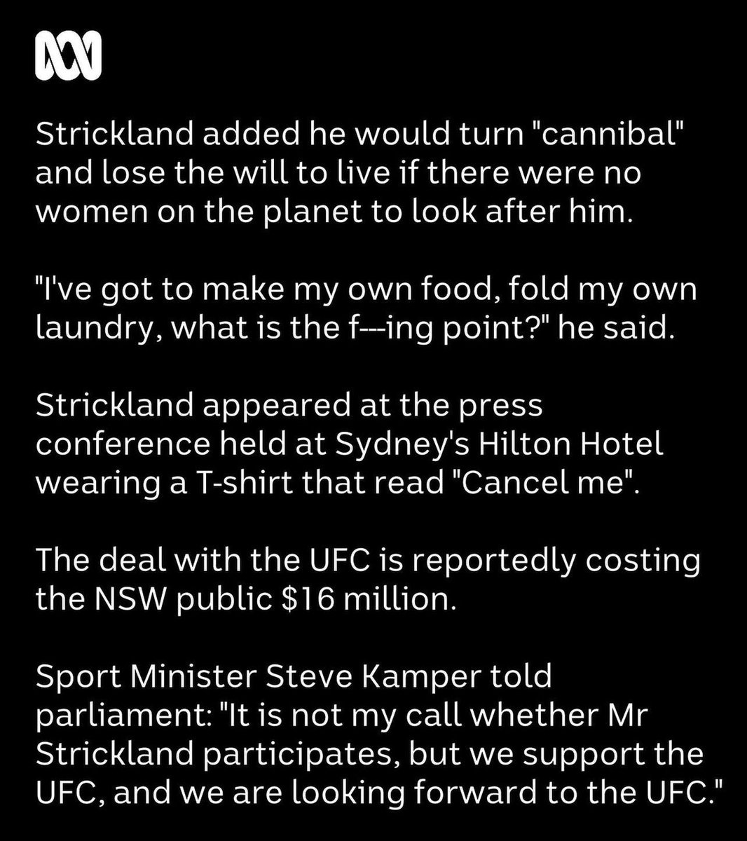 BGCONews's tweet photo. The three #UFC #sydney events  are set to cost the Sydney Public 16 million.

Sean Strickland also makes controversial remarks at the press conference

#IzzyStrickland #UFC293 https://t.co/MeOikqfGSS