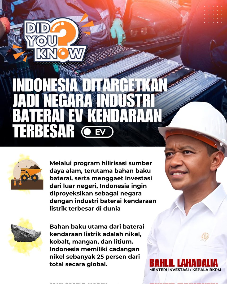 gcfbty2801's tweet photo. kerenn krn kerja kerasnya pak bahlil di indonesia bisa jdi negara Industri Baterai EV kendaraan terbesar

#Investasi630T https://t.co/gGwVNwnc61