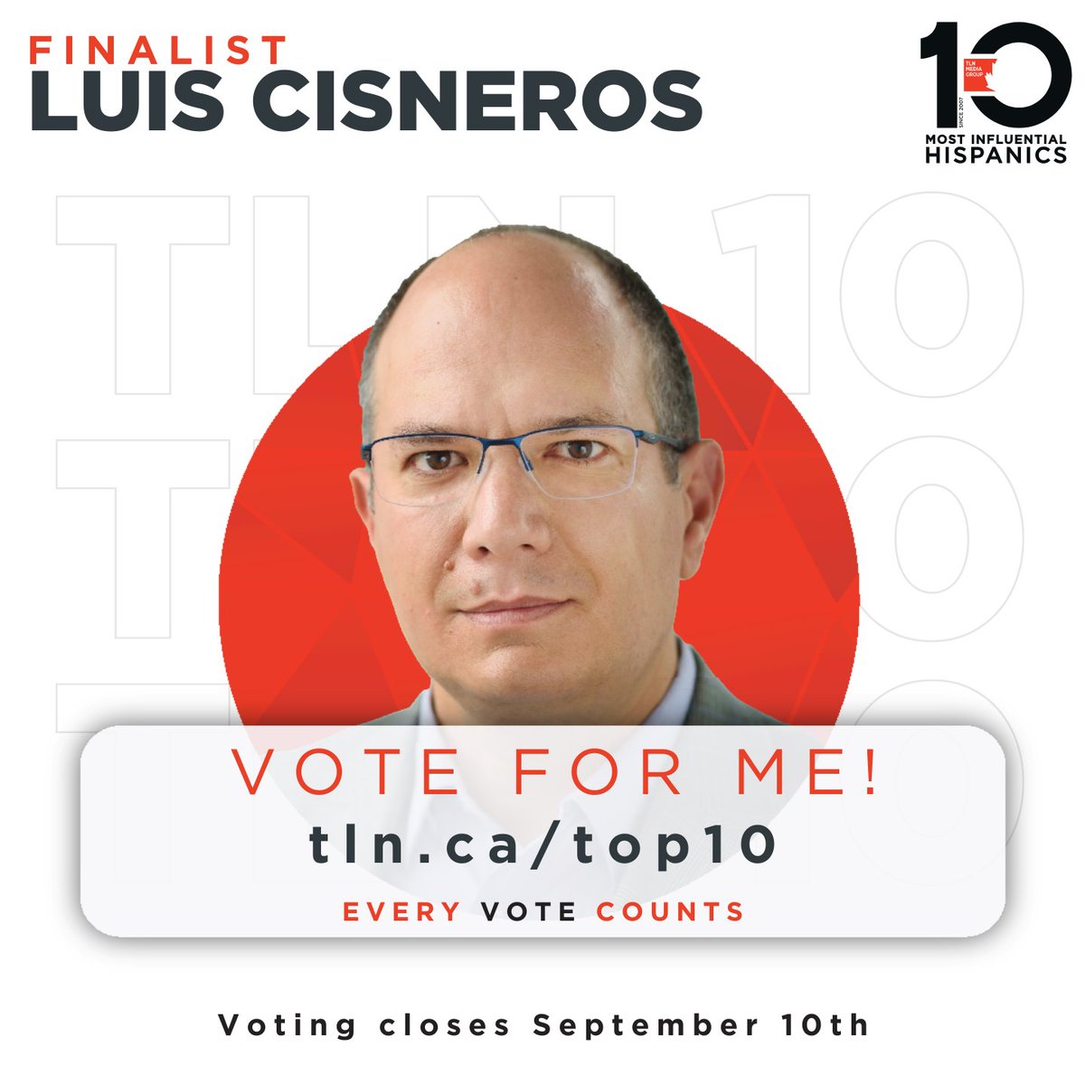 🗳️ Plus que 3 jours pour voter tln.ca/top10-voting/ ↩️ Notre codirecteur est en nomination pour le prestigieux prix 𝗧𝗟𝗡 𝟭𝟬 𝗠𝗼𝘀𝘁 𝗜𝗻𝗳𝗹𝘂𝗲𝗻𝘁𝗶𝗮𝗹 𝗛𝗶𝘀𝗽𝗮𝗻𝗶𝗰 𝗖𝗮𝗻𝗮𝗱𝗶𝗮𝗻𝘀,  qui met en lumière les #leaders Hispano-Canadiens les plus influent(e) au pays.