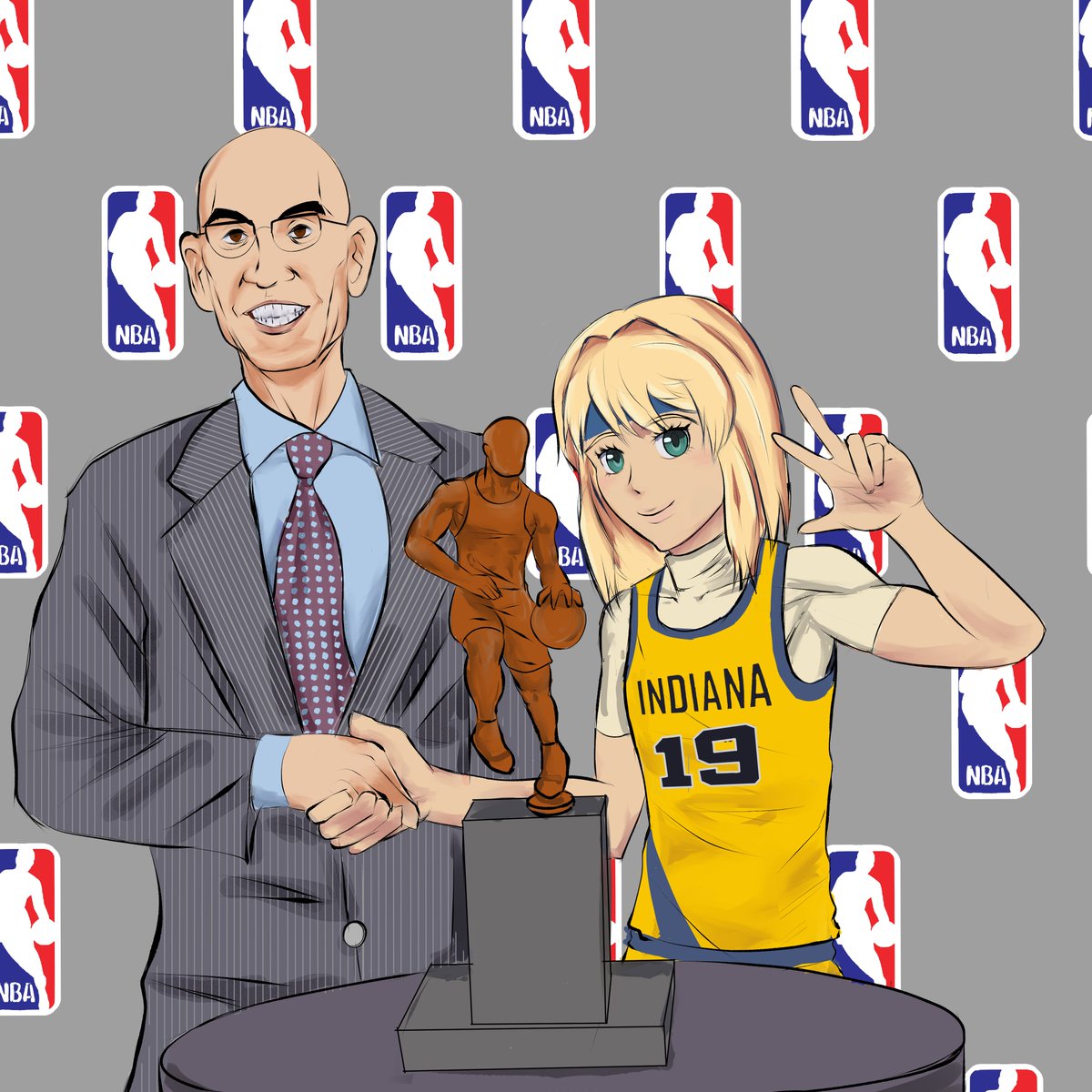I wanted to redo this one. 

Bridget Guilty Gear accepting her MVP from Adam Silver, still somehow alive in 2180.

#GoldBlooded #KIAMVP #NBATwitter📷