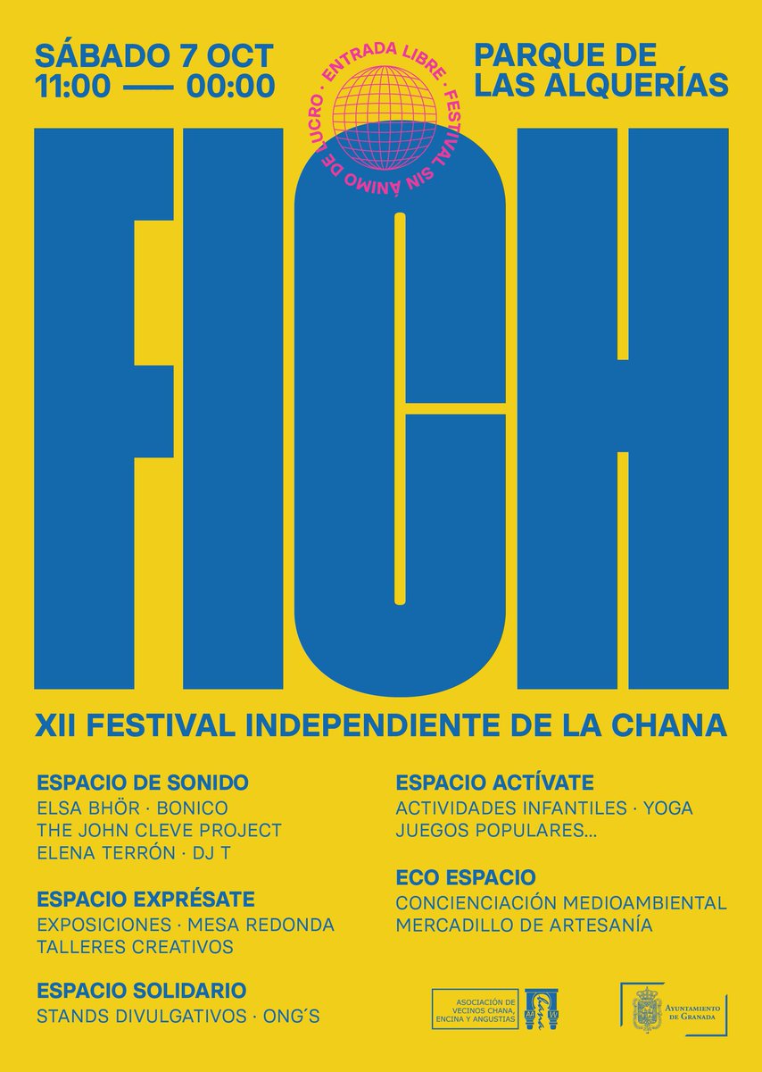 Teníamos muchas ganas de compartiros el cartel de nuestra duodécima edición! Esperamos veros un año más en el FICH 💛

🗓️ sábado 7 de octubre

📍 Parque de las Alquerías (La Chana) Granada

⌚ de 11:00 a 00:00 

🎫 ENTRADA GRATUITA

Gracias <a href="/aavvchana/">Asociación de Vecinos de La Chana</a> <a href="/aytogr/">Ayuntamiento de Granada</a>

#FICH