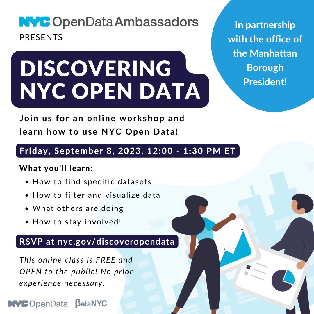 NYCOfficeofTech's tweet photo. ๐๐ง Come one, come all, tomorrow! ๐ฎ๐ฐโจ
Mysteries ๐ต๏ธwill be revealed as #NYCOTI, @BetaNYC & @MBPMarkLevine's office introduce you to the wonderous ๐ซ world ๐ of #OpenData.๐ฉโ๐ป
๐ Friday, Sept. 8
๐ 12:00 PM
๐ฉ RSVP: https://t.co/CG1fik8P2l
#NYCAnalytics #NYCOpenData https://t.co/QASodY3pZg