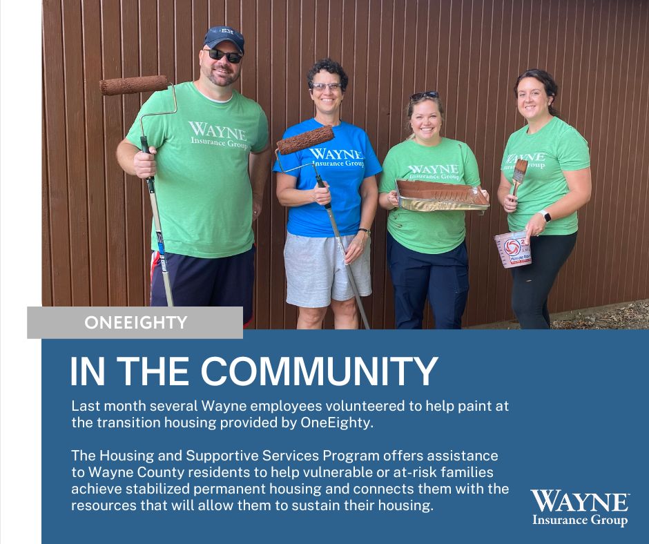 Last month several Wayne employees volunteered to help paint at the transition housing provided by OneEighty.

#inthecommunity #wayneinsurancegroup #volunteer
