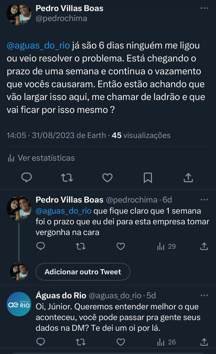 pedrochima's tweet photo. Só para demonstrar como a @aguas_do_rio trata um cliente com um problema que ela mesmo causou. Todos os canais (incluindo Sac/ouvidoria) mentindo que vão resolver, mas só enrolam e não respondem mais. Só sabem dizer: “vamos te ajudar/o q está ocorrendo?”. Falem agora q é mentira: https://t.co/ikVKTdJ1K6