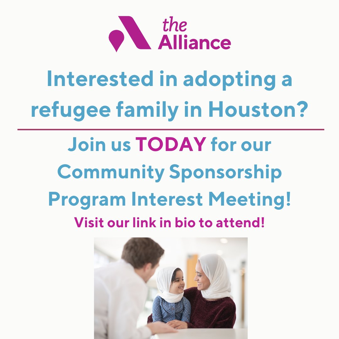 Interested in sponsoring a newly arrived refugee family in Houston? Learn more at our first interest meeting, today at 4:00 PM CST!

Join us by clicking: zoom.us/j/98704134770?…

#thealliancetx #sponsor #sponsorarefugeefamily #refugees #houston