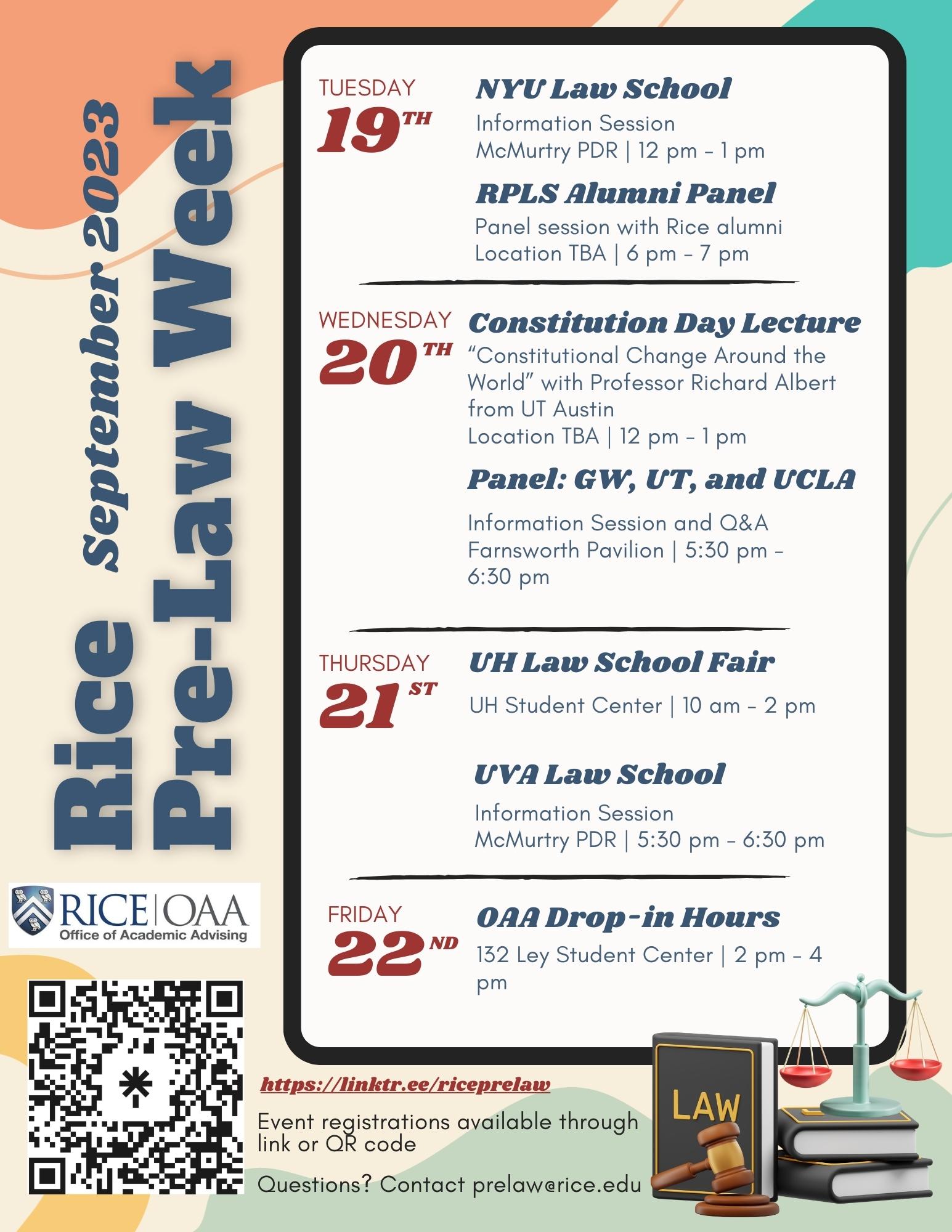 Rice Academic Advising on X: "Clear your schedule and block your calendar  because Pre-Law Week at Rice is coming soon! September 19th through 22nd  will be full of pre-law events and information