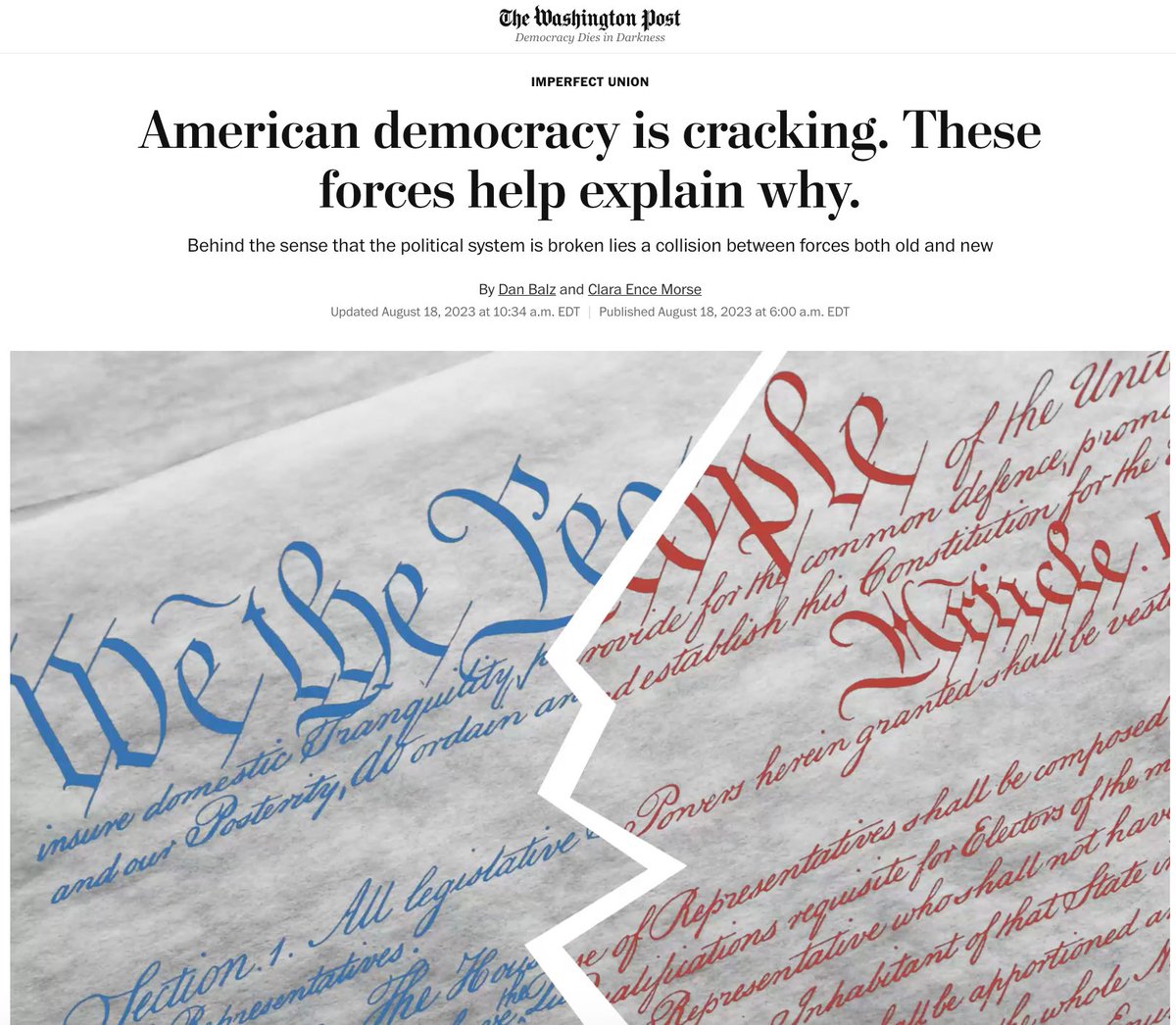 MCMartirone's tweet photo. #APGov analyzed this article from @washingtonpost. Ss said the biggest threat to democracy is the intense polarization. This is a wonderful set up for tomorrow’s class when we use @ConstitutionCtr Con. 101–Constitutional Convos & Civil Dialogue.
@SarahEHarris2 #NCCTAC https://t.co/eX8uDqwO5m