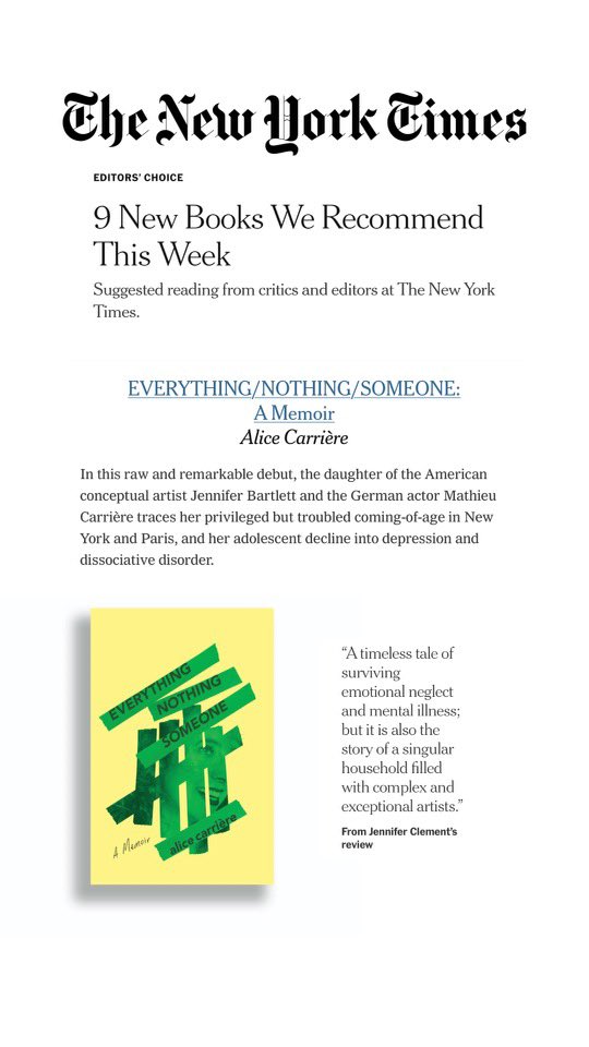 Thank you <a href="/nytimes/">The New York Times</a> <a href="/nytimesbooks/">New York Times Books</a> for naming #everythingnothingsomeone an Editor’s Pick ❤️‍🔥 <a href="/SPIEGELandGRAU/">Spiegel & Grau</a> <a href="/Inkwellmgmt/">InkWell Management</a>