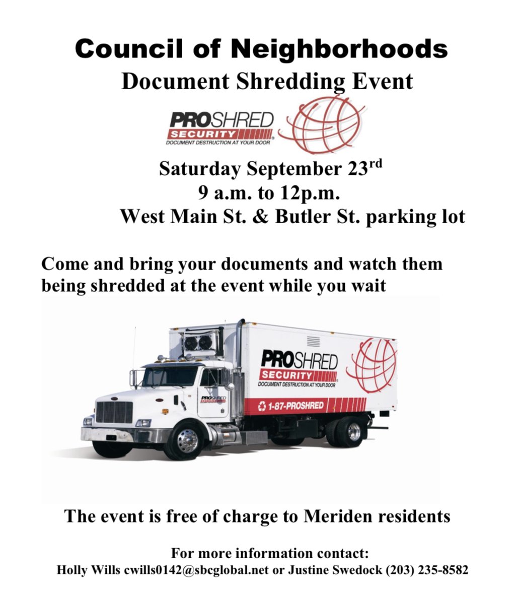 PUT IT ON YOUR CALENDAR!

There will be a FREE document shredding event for Meriden residents September 23.