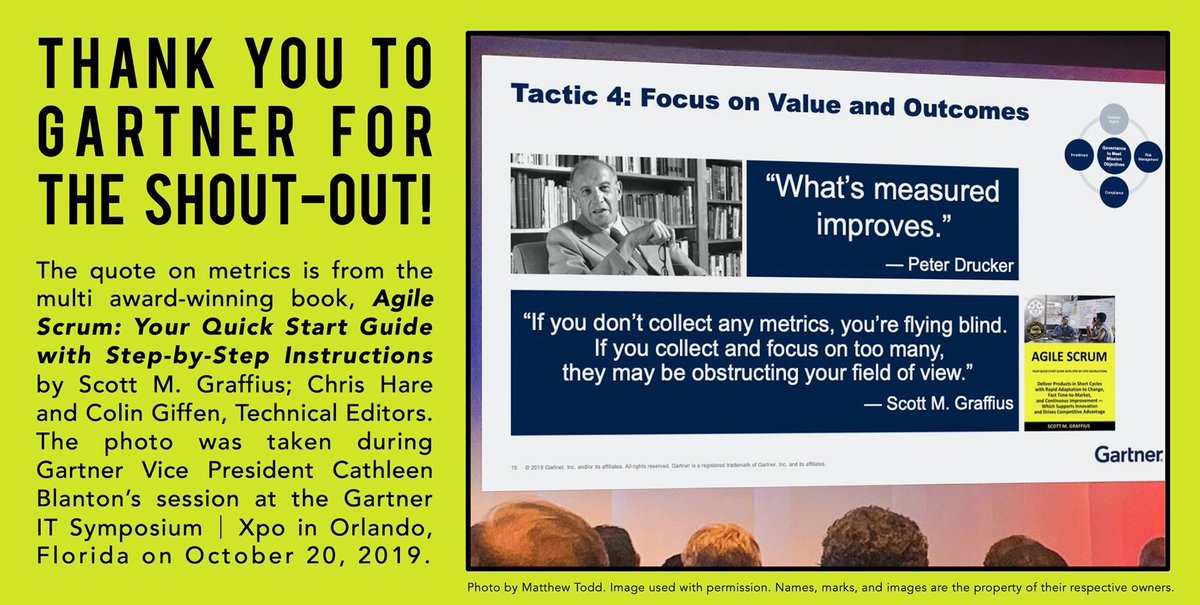 AgileScrumGuide's tweet photo. Gartner featured content from @ScottGraffius’ Agile Scrum: Your Quick Start Guide with Step-by-Step Instructions book in their talk at the Gartner IT Symposium. Read about it here: https://t.co/Xv9mgVflZR. #Gartner #Agile #Scrum #Book #IT #Metrics #Quote #MetricsQuote #ITQuote